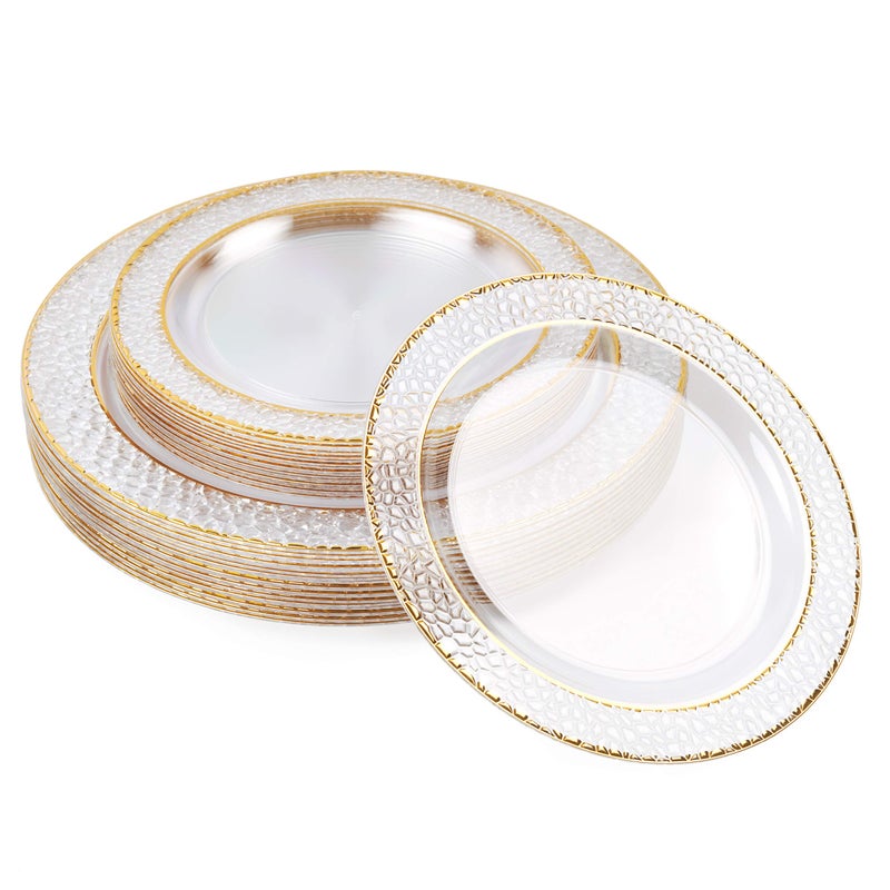 MATANA 40 Pack Clear Gold Plastic Plates â€“ 20 Dinner Plates 10in + 20 Dessert Dinnerware 7.5in â€“ Reusable Plastic Party Plate, Elegant Disposable Plate for Weddings, Events, Birthdays, Catering & More - Image 1